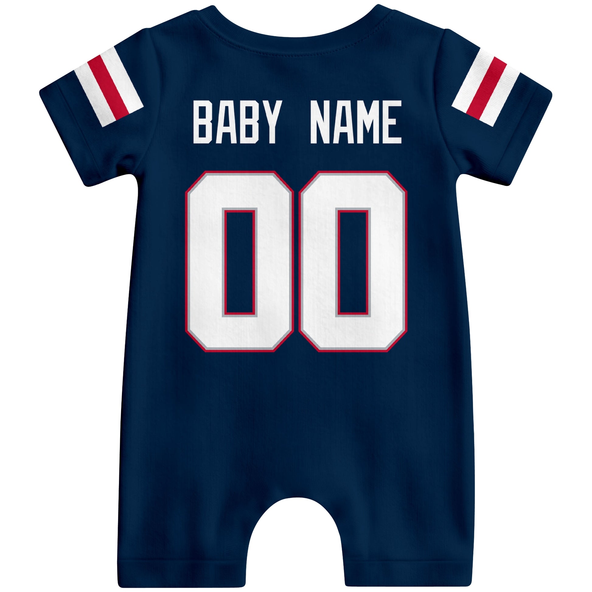 Back view of personalized New England football-style baby romper with custom baby name and number design in varsity block font