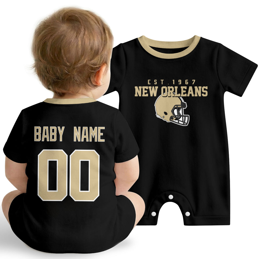 Baby wearing New Orleans football-inspired personalized romper in black, featuring custom name and number design with sporty varsity lettering and football helmet graphic