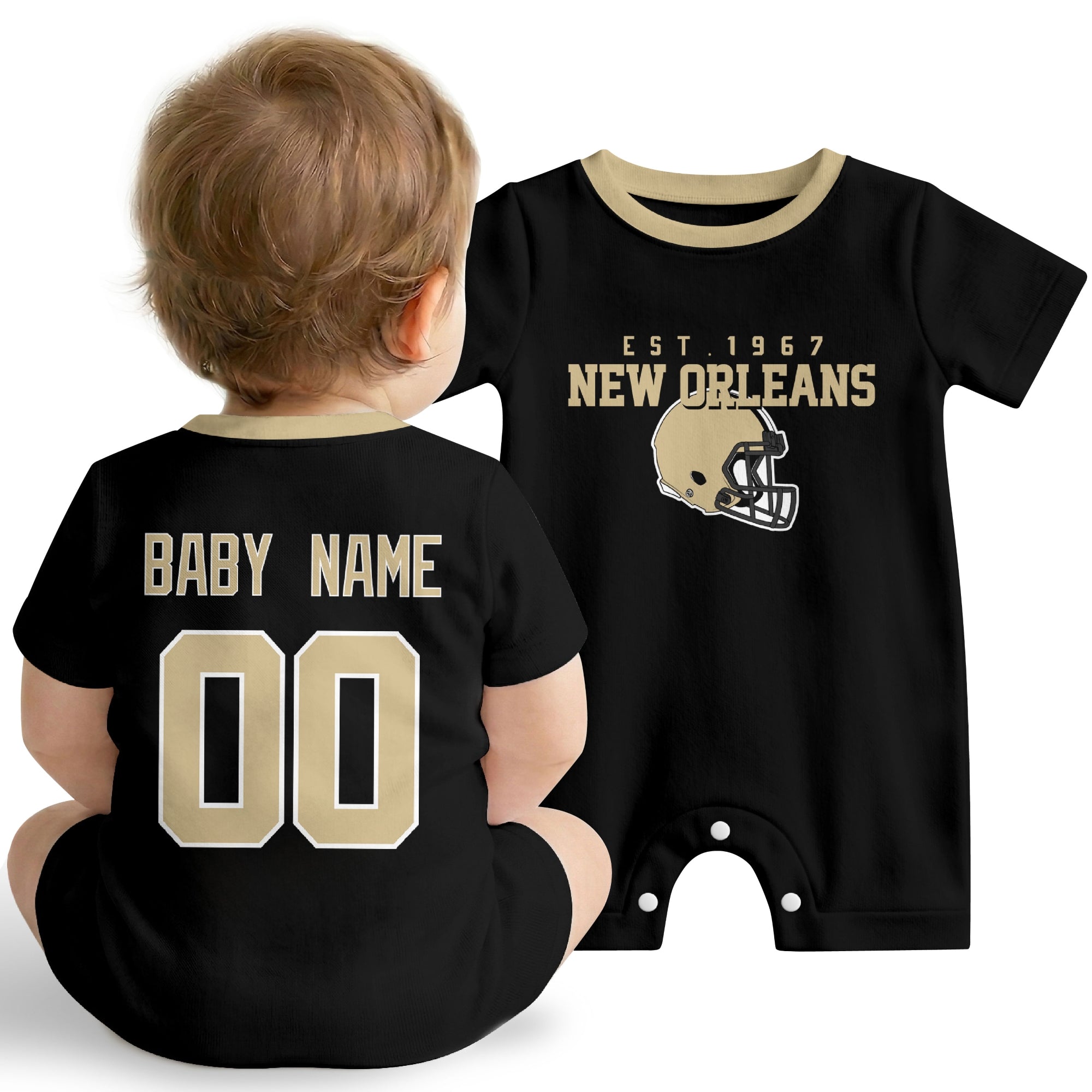Baby wearing New Orleans football-inspired personalized romper in black, featuring custom name and number design with sporty varsity lettering and football helmet graphic