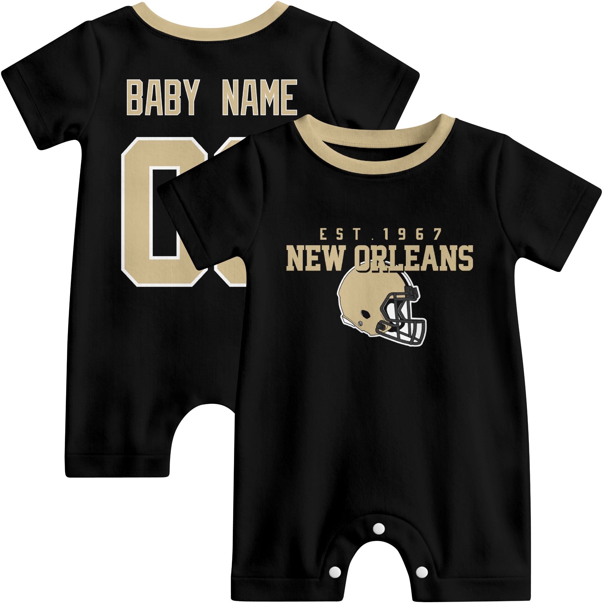 Front and back view of New Orleans football-style baby romper in black with varsity team-inspired front graphic and personalized name and number on the back