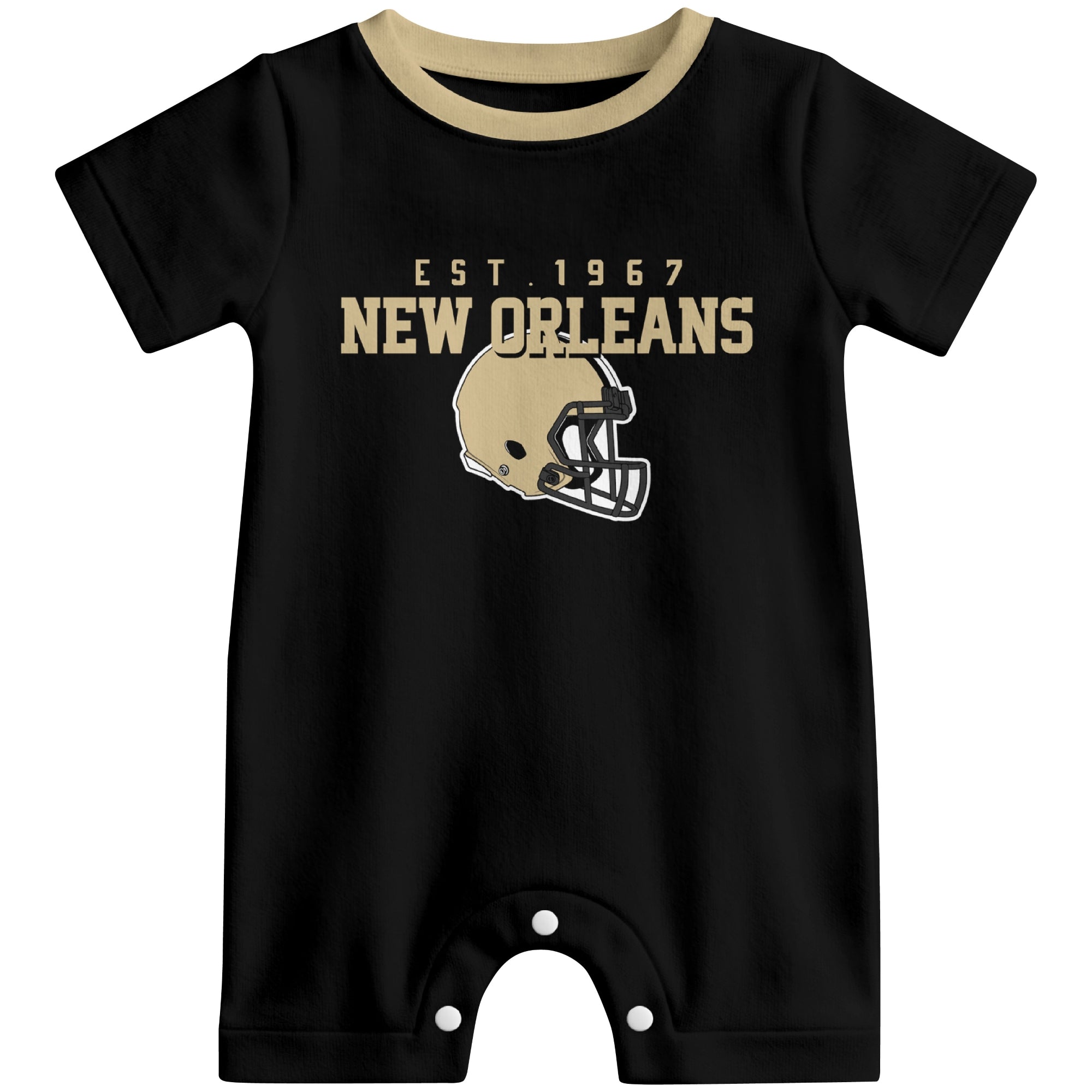 Front view of New Orleans football-inspired baby romper featuring varsity-style New Orleans text and football helmet graphic in black colorway