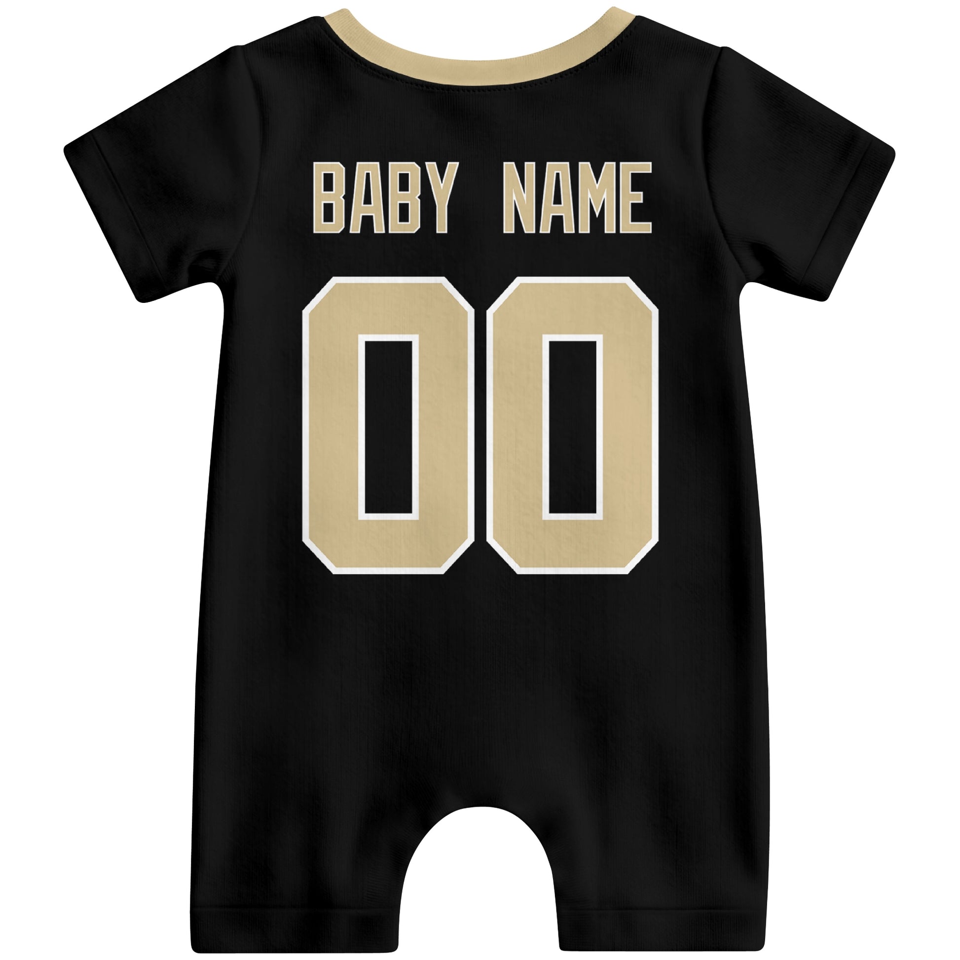 Back view of personalized New Orleans football-style baby romper with custom baby name and number design in varsity block font