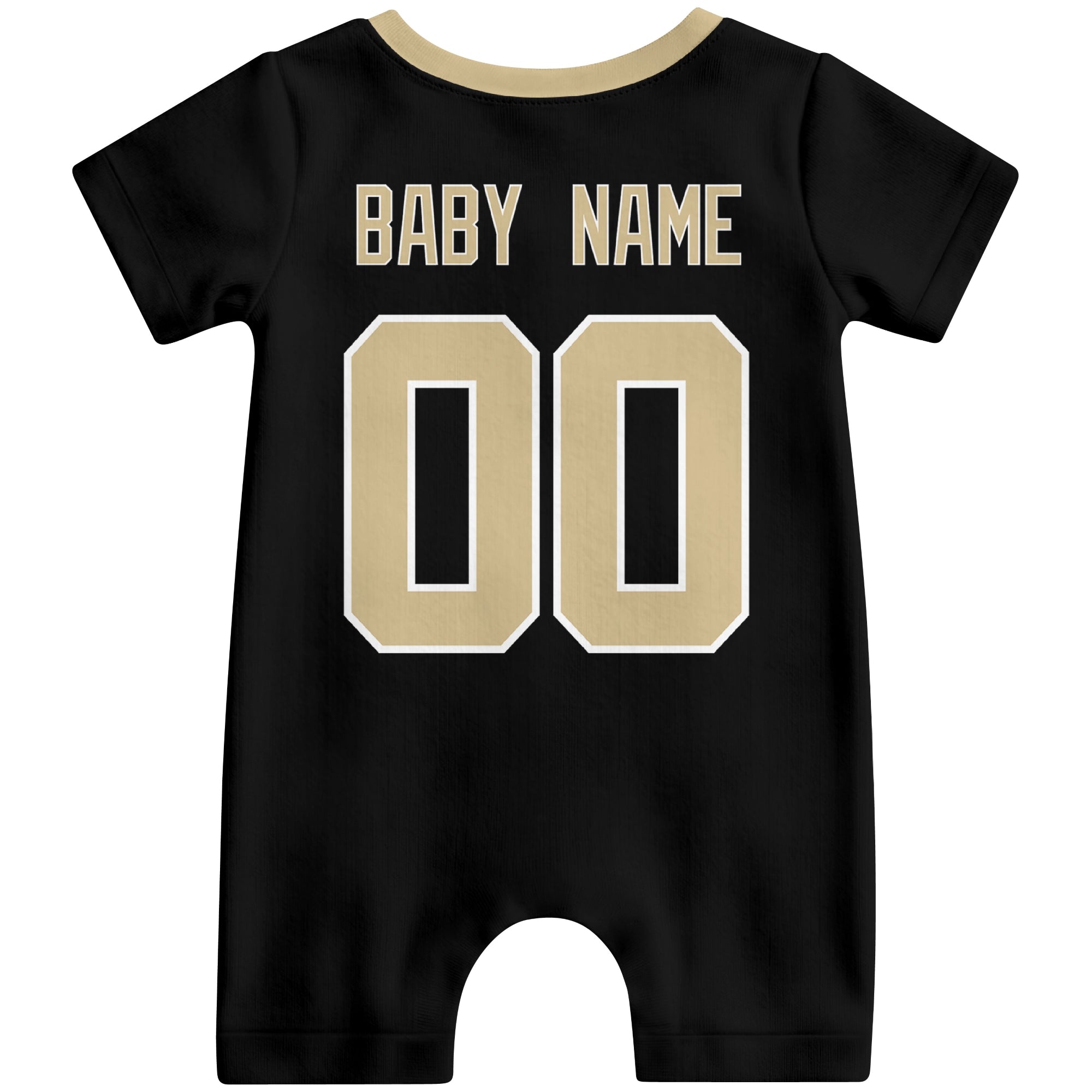 Back view of personalized New Orleans football-style baby romper with custom baby name and number design in varsity block font