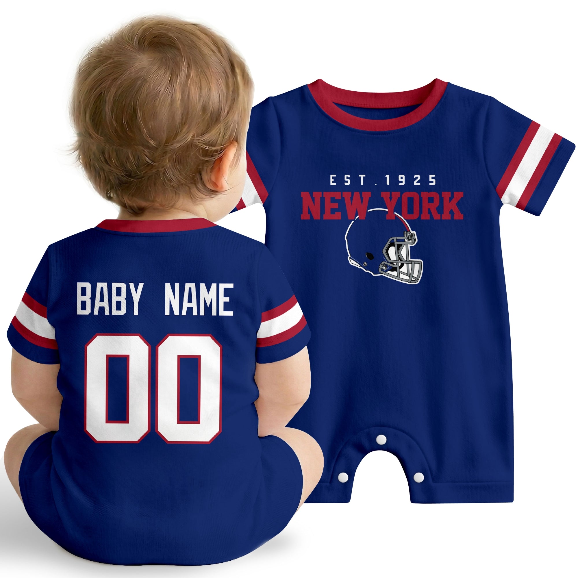 Baby wearing New York football-inspired personalized romper in royal blue, featuring custom name and number design with sporty varsity lettering and football helmet graphic