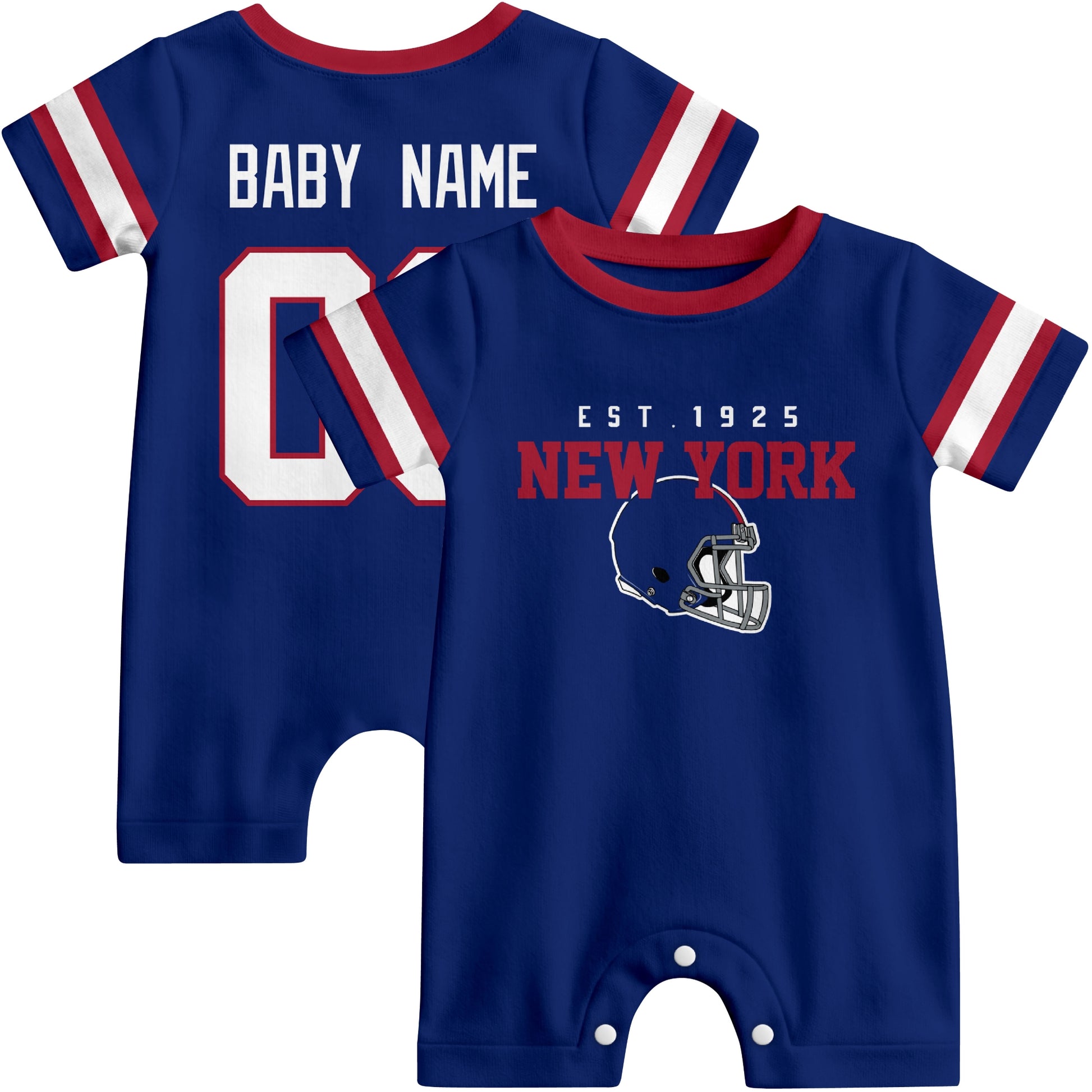 Front and back view of New York football-style baby romper in royal blue with varsity team-inspired front graphic and personalized name and number on the back
