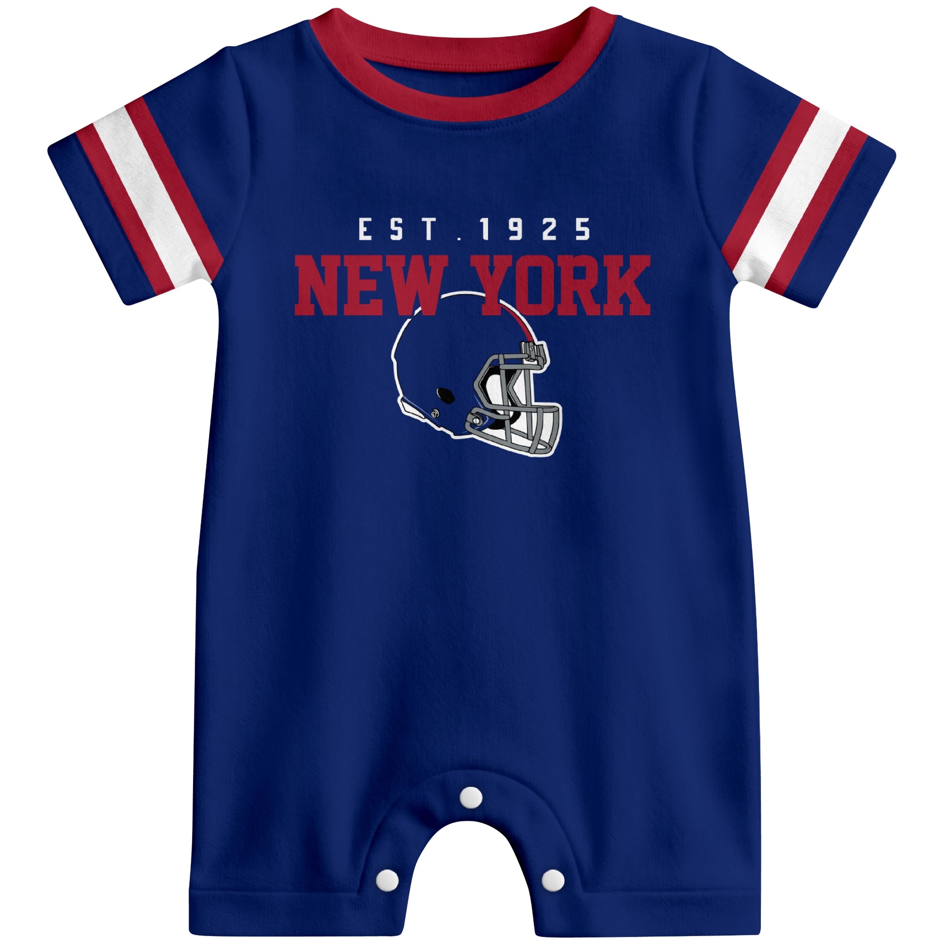 Front view of New York football-inspired baby romper featuring varsity-style New York text and football helmet graphic in royal blue colorway