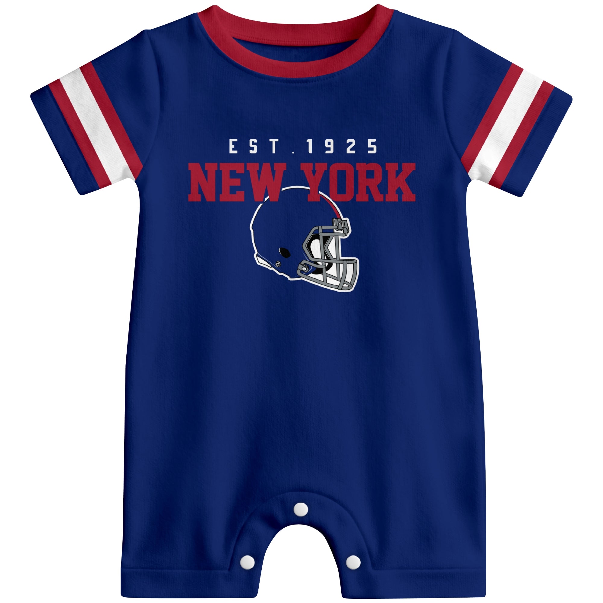 Front view of New York football-inspired baby romper featuring varsity-style New York text and football helmet graphic in royal blue colorway