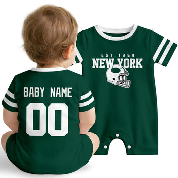 Baby wearing New York J football-inspired personalized romper in green, featuring custom name and number design with sporty varsity lettering and football helmet graphic