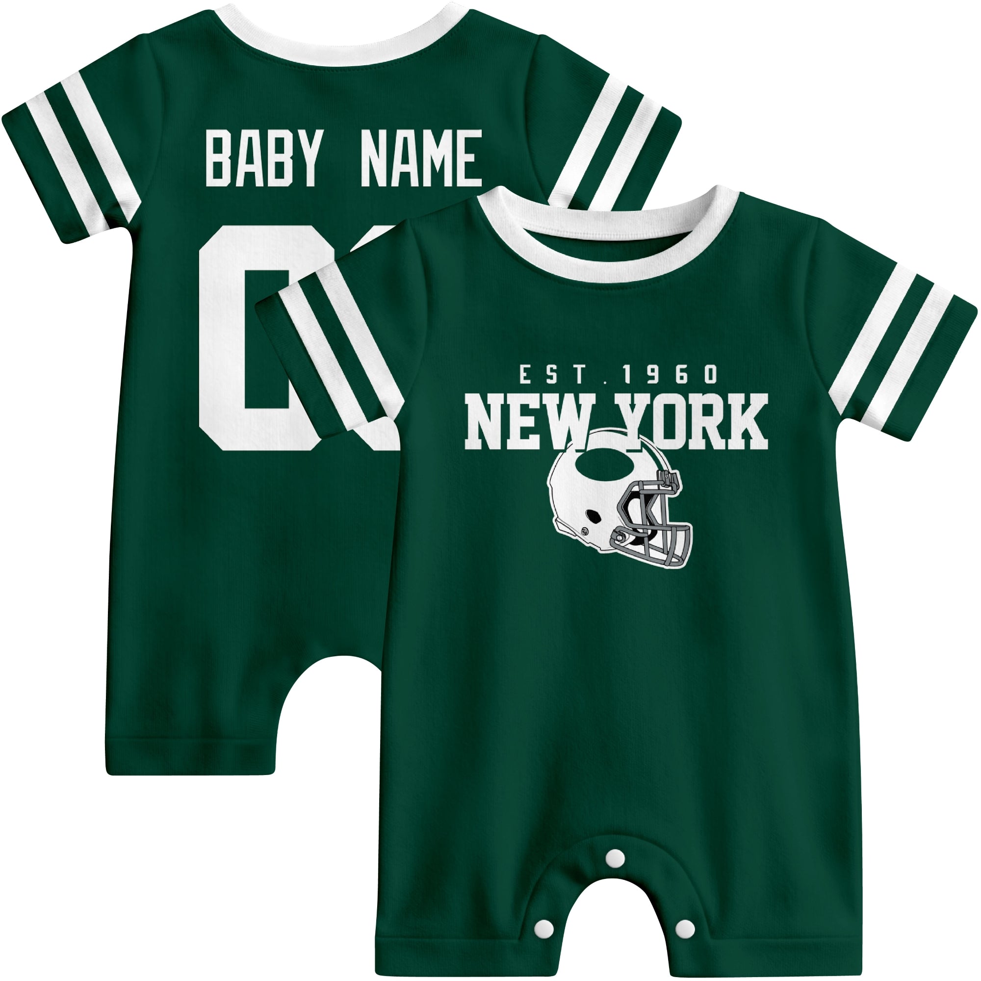 Front and back view of New York J football-style baby romper in green with varsity team-inspired front graphic and personalized name and number on the back