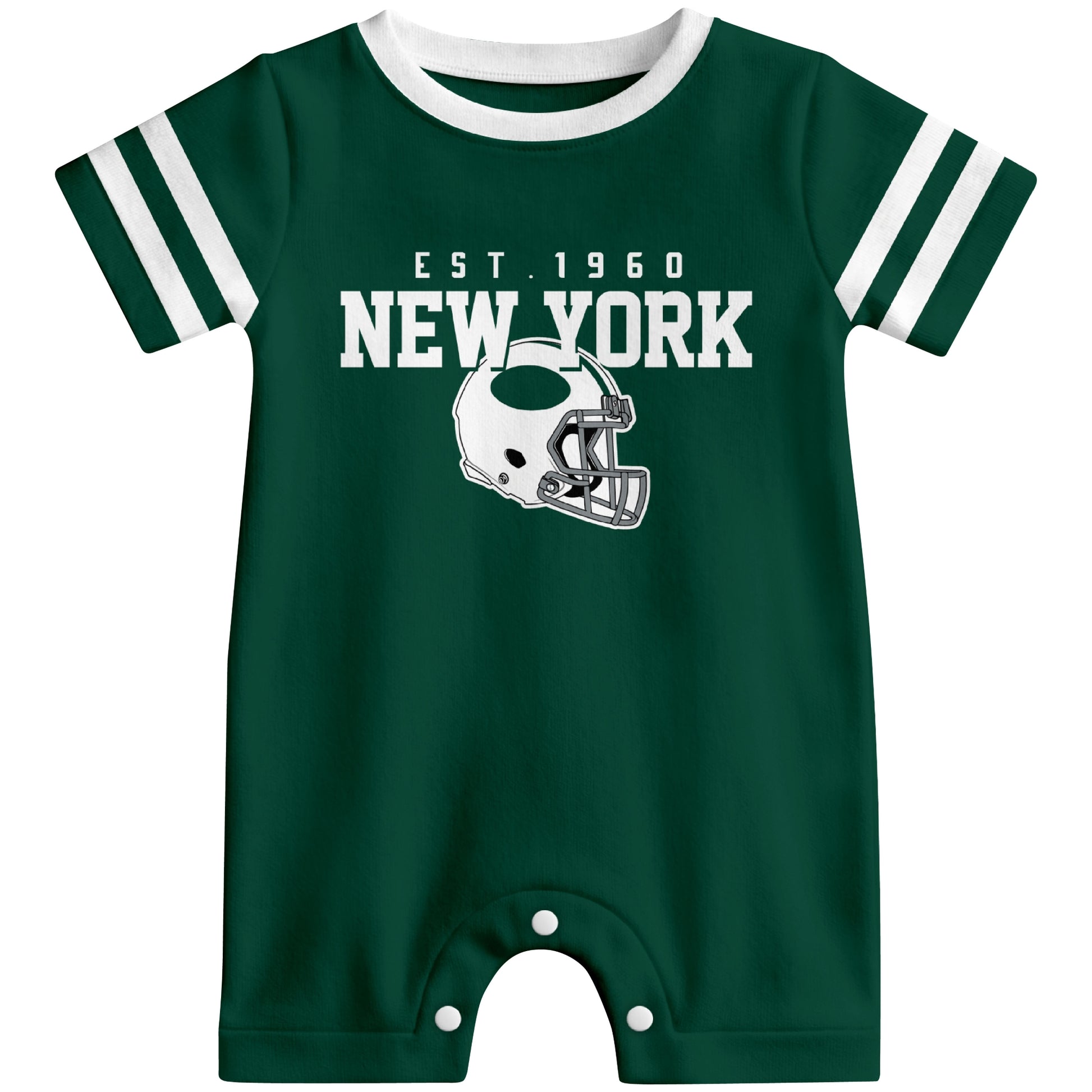 Front view of New York J football-inspired baby romper featuring varsity-style New York J text and football helmet graphic in green colorway