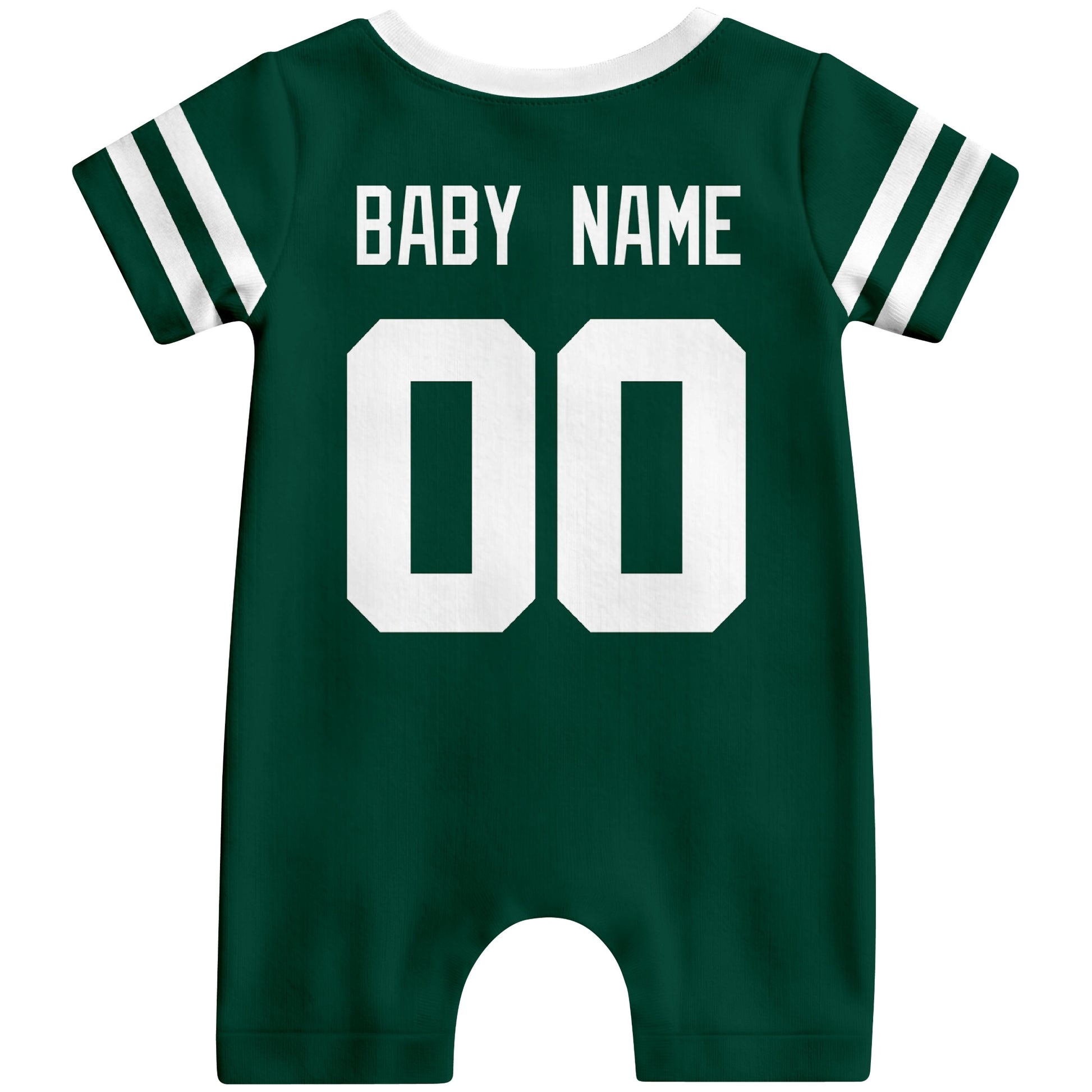 Back view of personalized New York J football-style baby romper with custom baby name and number design in varsity block font