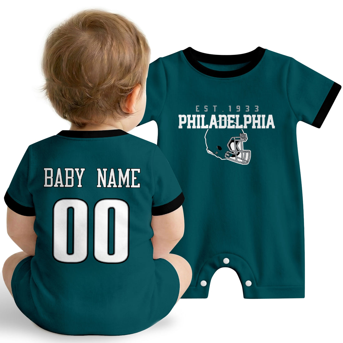 Baby wearing Philadelphia football-inspired personalized romper in midnight green, featuring custom name and number design with sporty varsity lettering and football helmet graphic