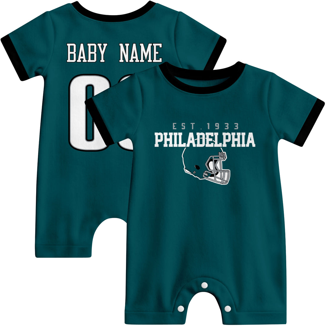 Baby wearing Philadelphia football-inspired personalized romper in midnight green, featuring custom name and number design with sporty varsity lettering and football helmet graphic
