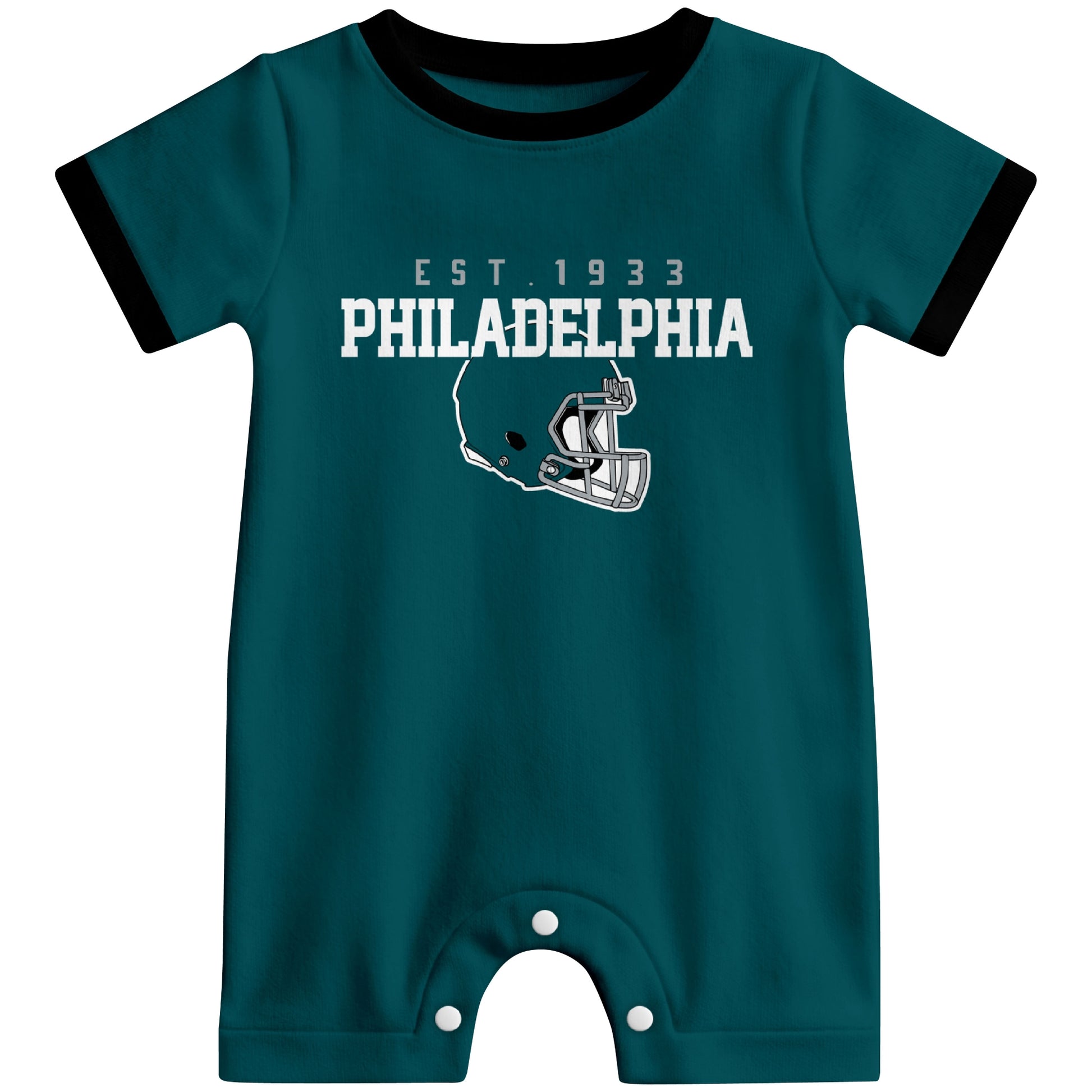 Front view of Philadelphia football-inspired baby romper featuring varsity-style Philadelphia text and football helmet graphic in midnight green colorway