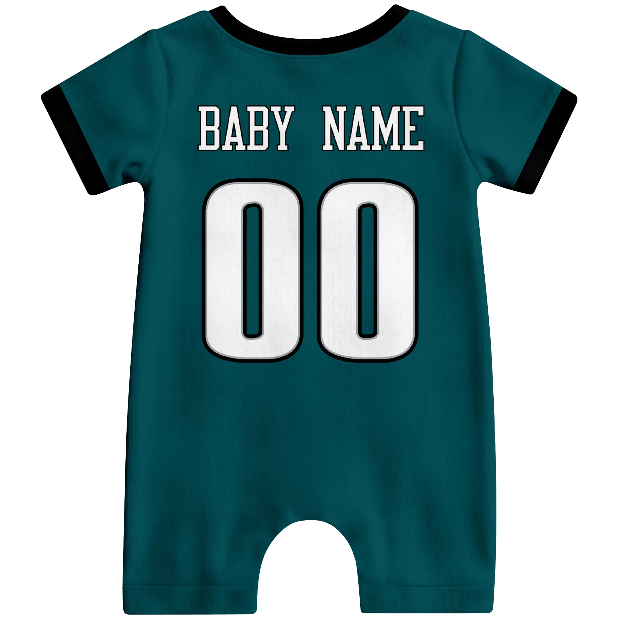 Back view of personalized Philadelphia football-style baby romper with custom baby name and number design in varsity block font
