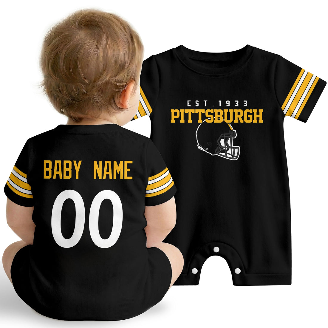 Baby wearing Pittsburgh football-inspired personalized romper in black, featuring custom name and number design with sporty varsity lettering and football helmet graphic