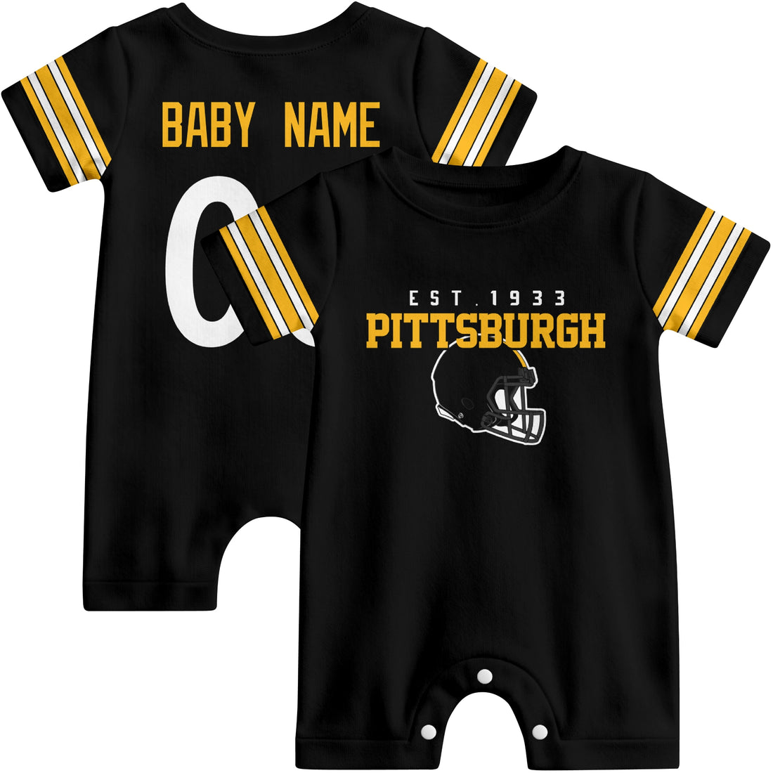 Baby wearing Pittsburgh football-inspired personalized romper in black, featuring custom name and number design with sporty varsity lettering and football helmet graphic