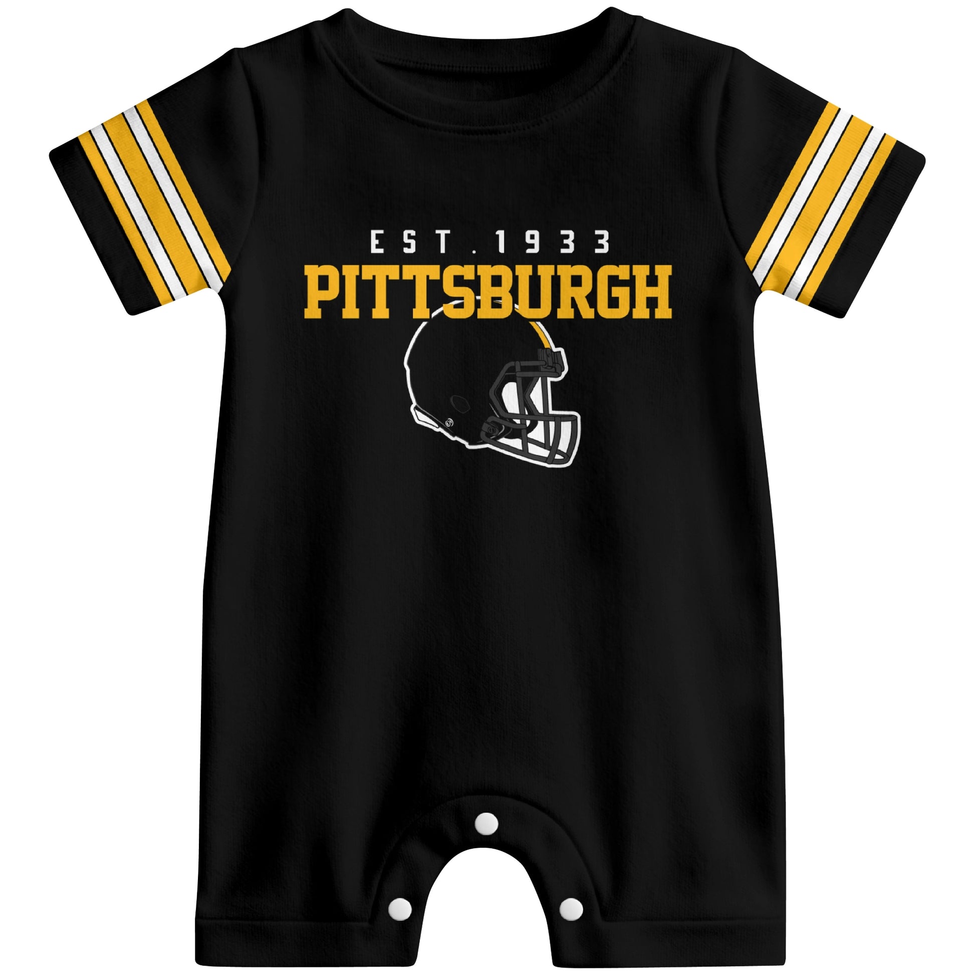 Front view of Pittsburgh football-inspired baby romper featuring varsity-style Pittsburgh text and football helmet graphic in black colorway