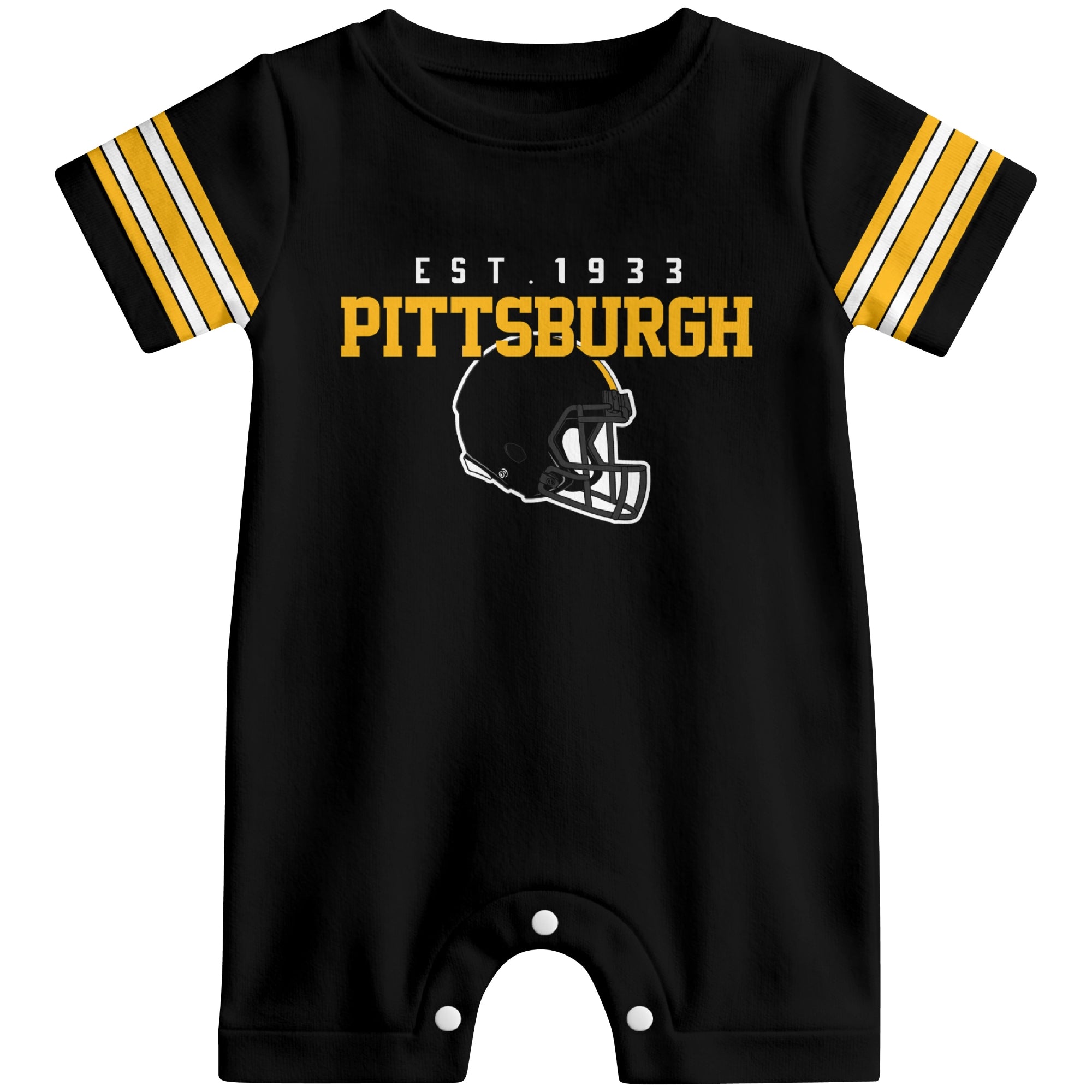 Front view of Pittsburgh football-inspired baby romper featuring varsity-style Pittsburgh text and football helmet graphic in black colorway