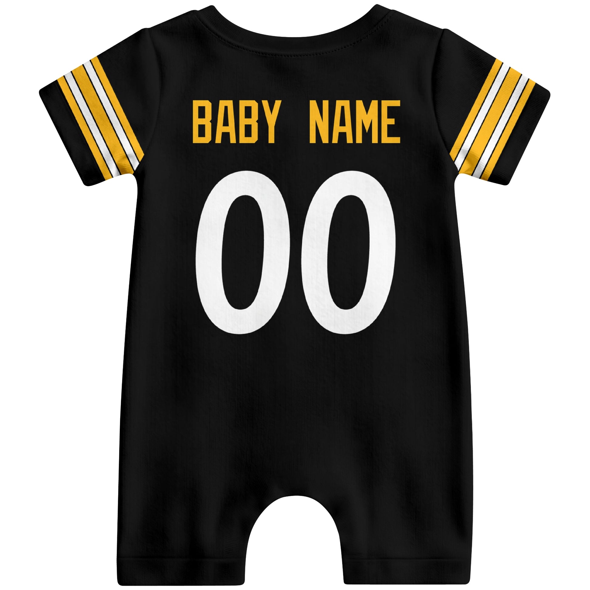 Back view of personalized Pittsburgh football-style baby romper with custom baby name and number design in varsity block font