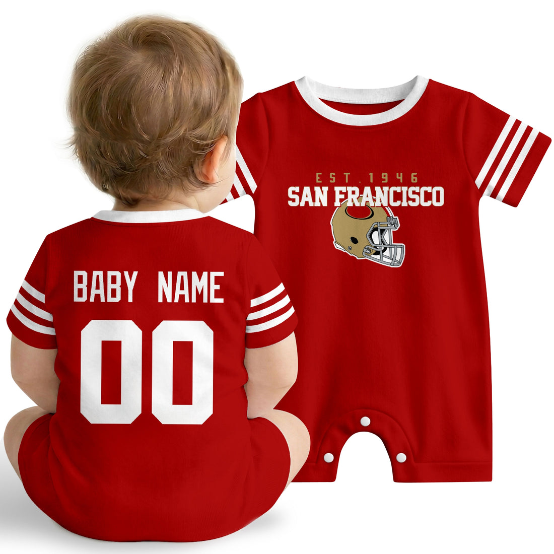Baby wearing San Francisco football-inspired personalized romper in scarlet red, featuring custom name and number design with sporty varsity lettering and football helmet graphic