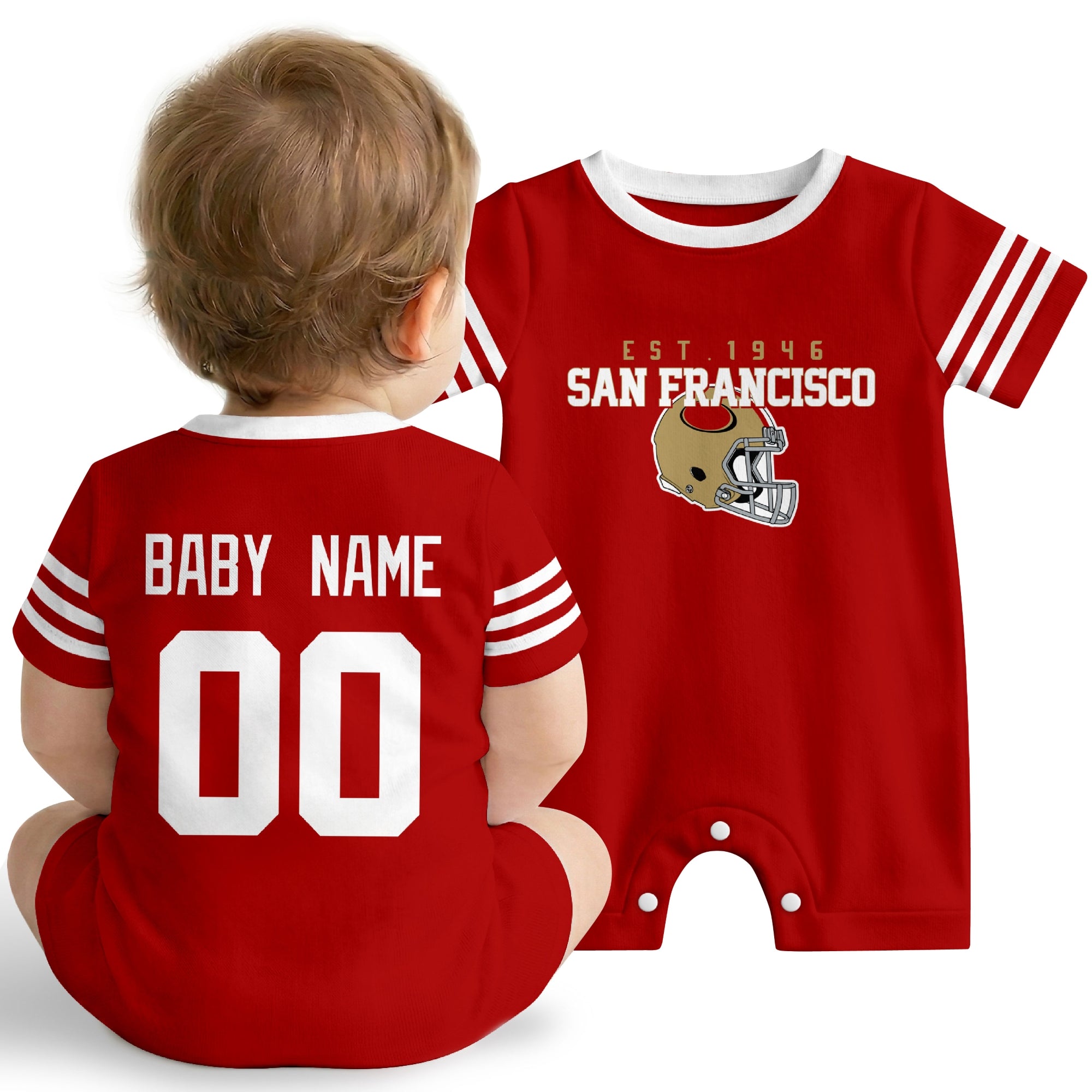 Baby wearing San Francisco football-inspired personalized romper in scarlet red, featuring custom name and number design with sporty varsity lettering and football helmet graphic
