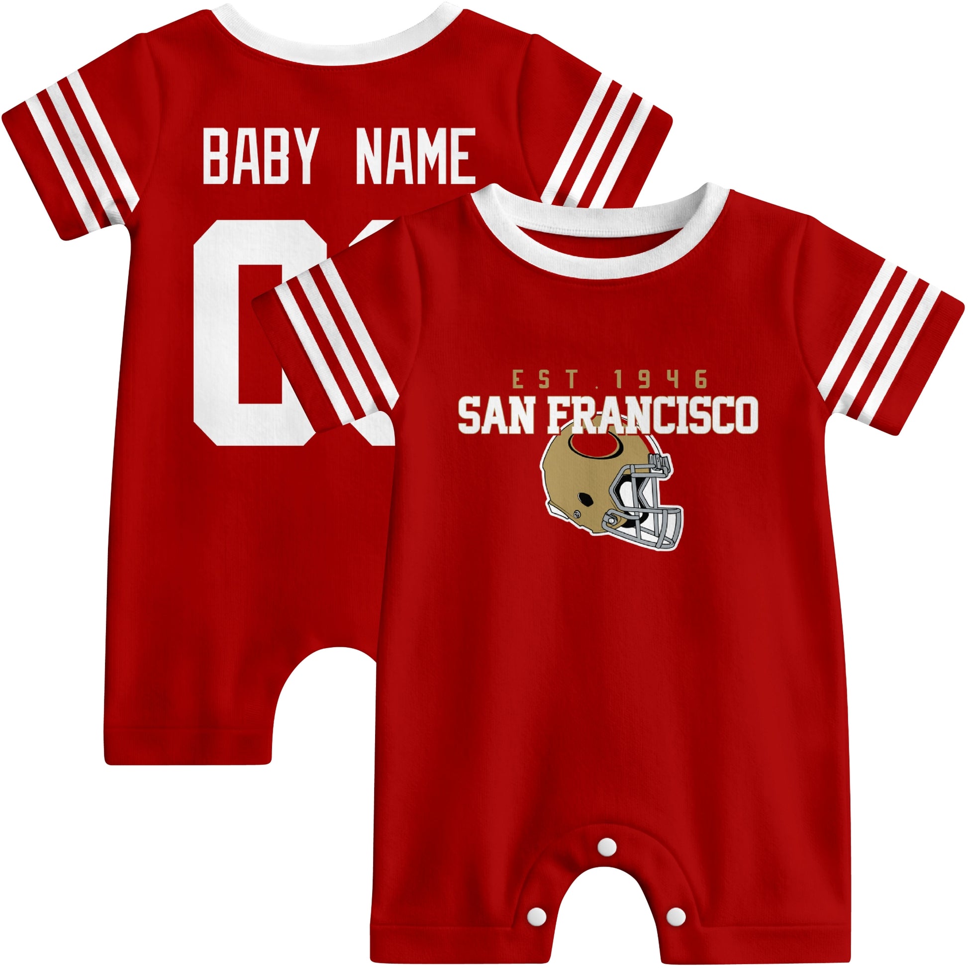 Front and back view of San Francisco football-style baby romper in scarlet red with varsity team-inspired front graphic and personalized name and number on the back