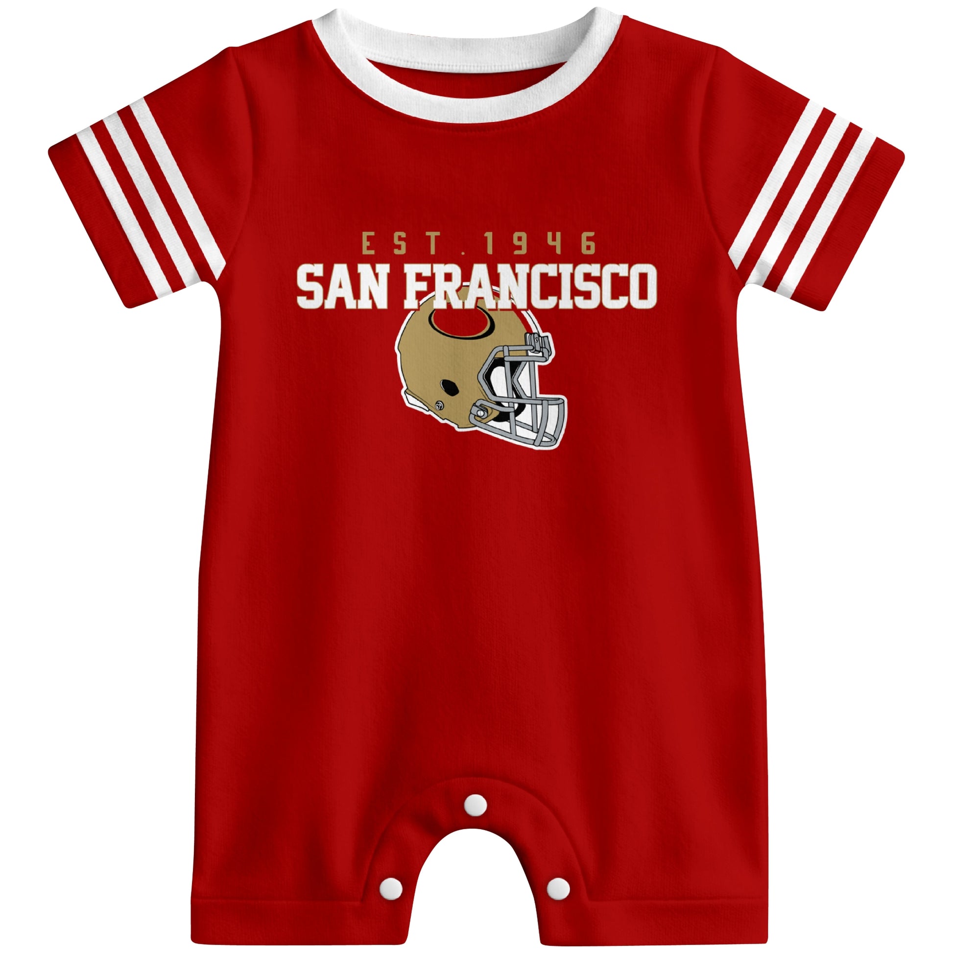 Front view of San Francisco football-inspired baby romper featuring varsity-style San Francisco text and football helmet graphic in scarlet red colorway