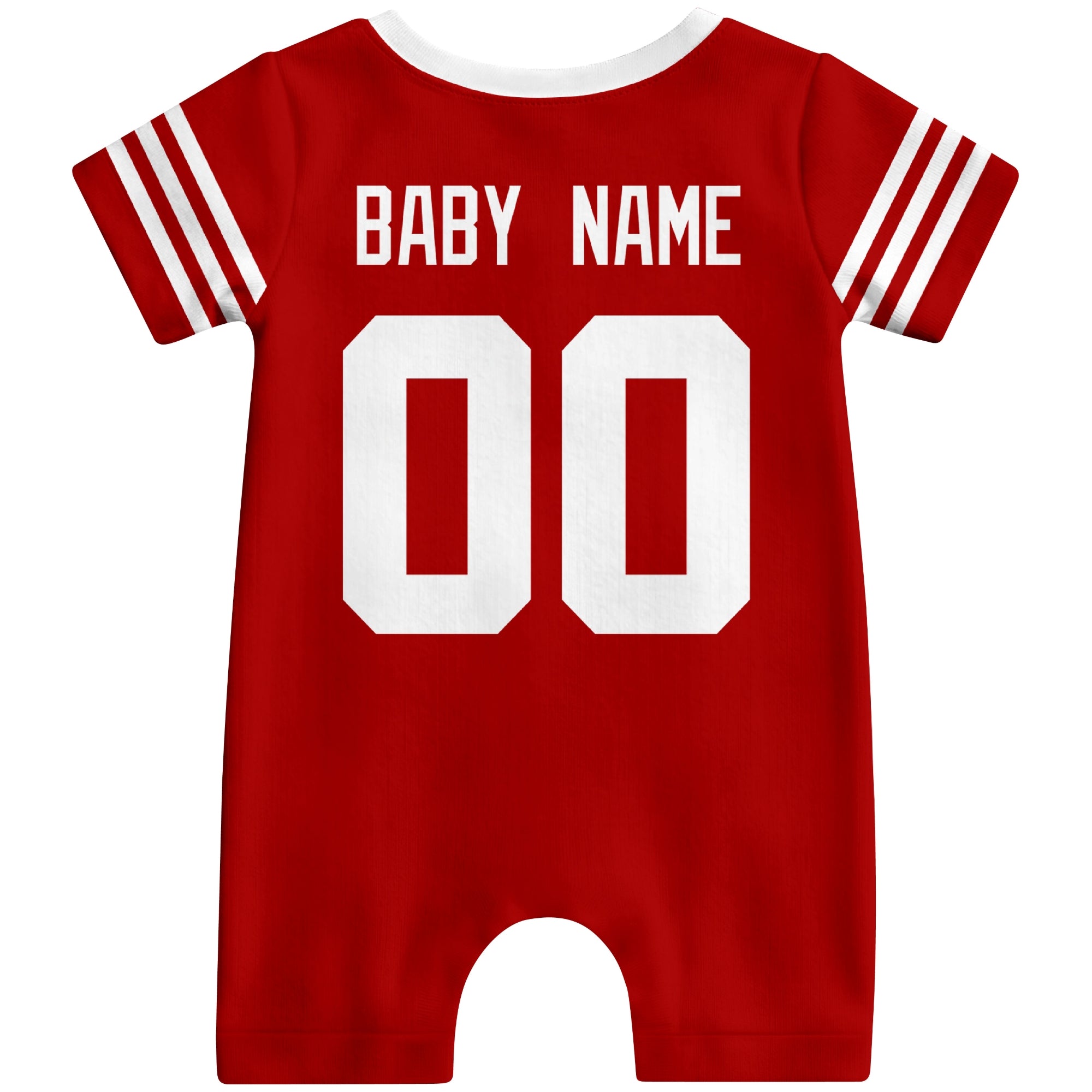 Back view of personalized San Francisco football-style baby romper with custom baby name and number design in varsity block font