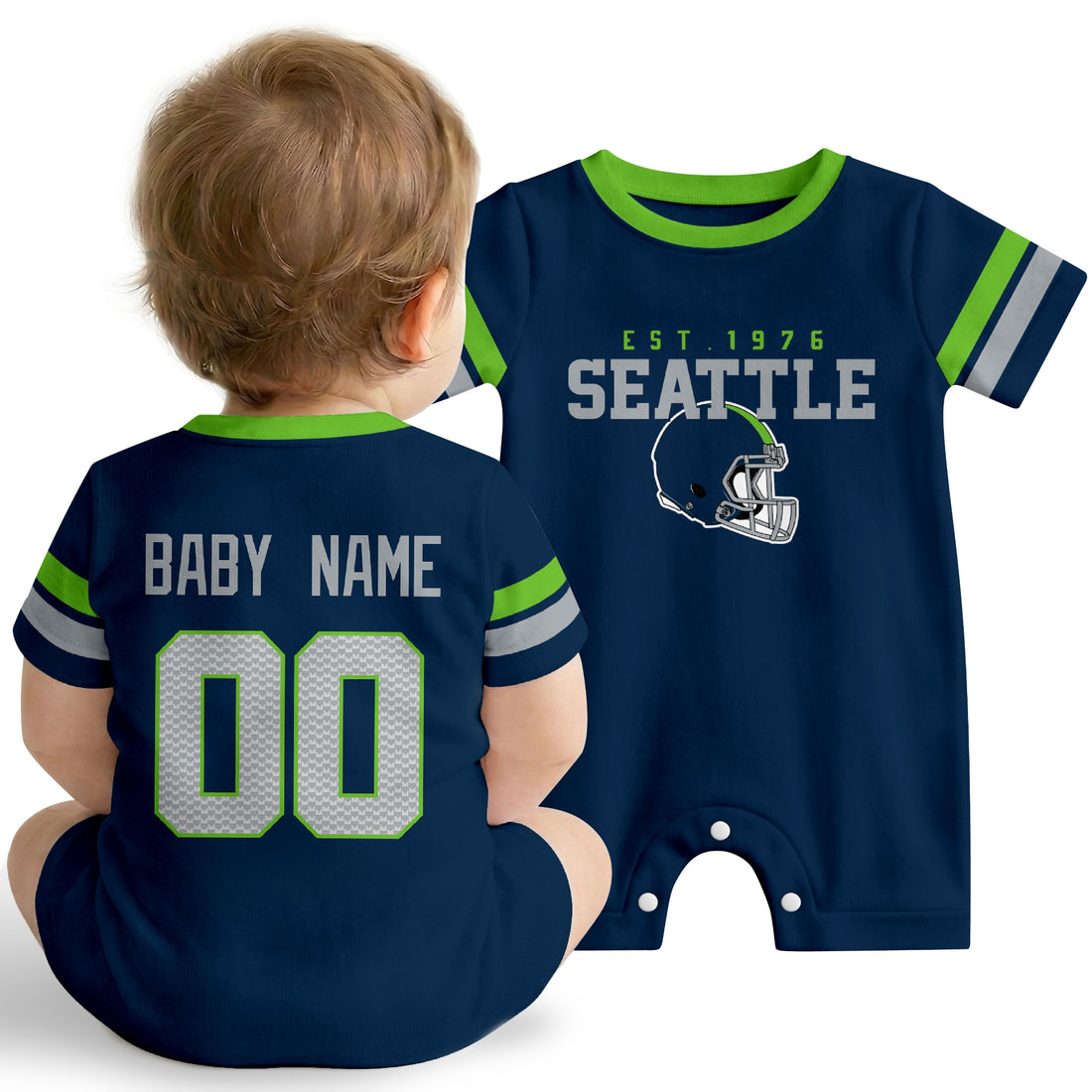 Baby wearing Seattle football-inspired personalized romper in navy, featuring custom name and number design with sporty varsity lettering and football helmet graphic