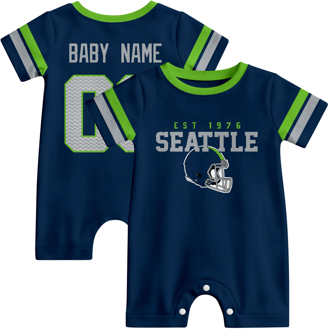 Baby wearing Seattle football-inspired personalized romper in navy, featuring custom name and number design with sporty varsity lettering and football helmet graphic