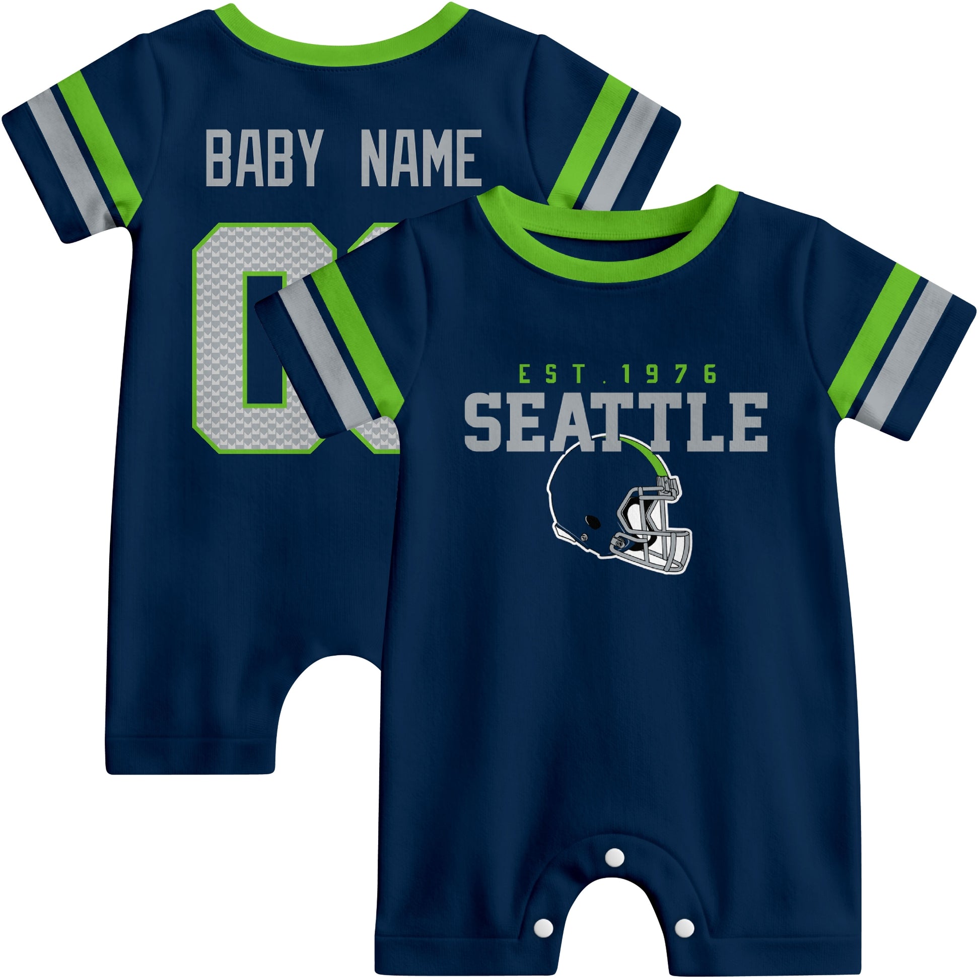 Front and back view of Seattle football-style baby romper in navy with varsity team-inspired front graphic and personalized name and number on the back