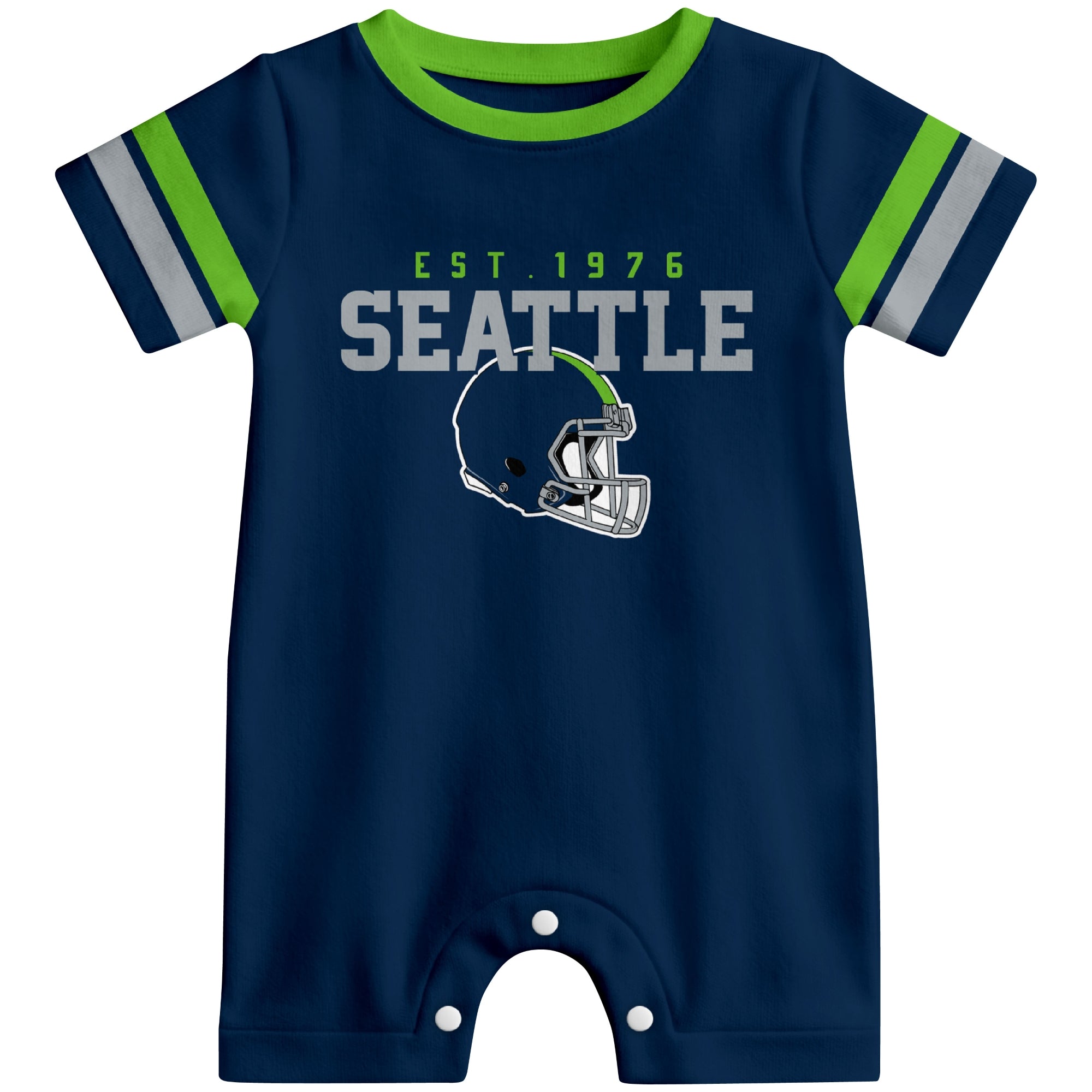 Front view of Seattle football-inspired baby romper featuring varsity-style Seattle text and football helmet graphic in navy colorway