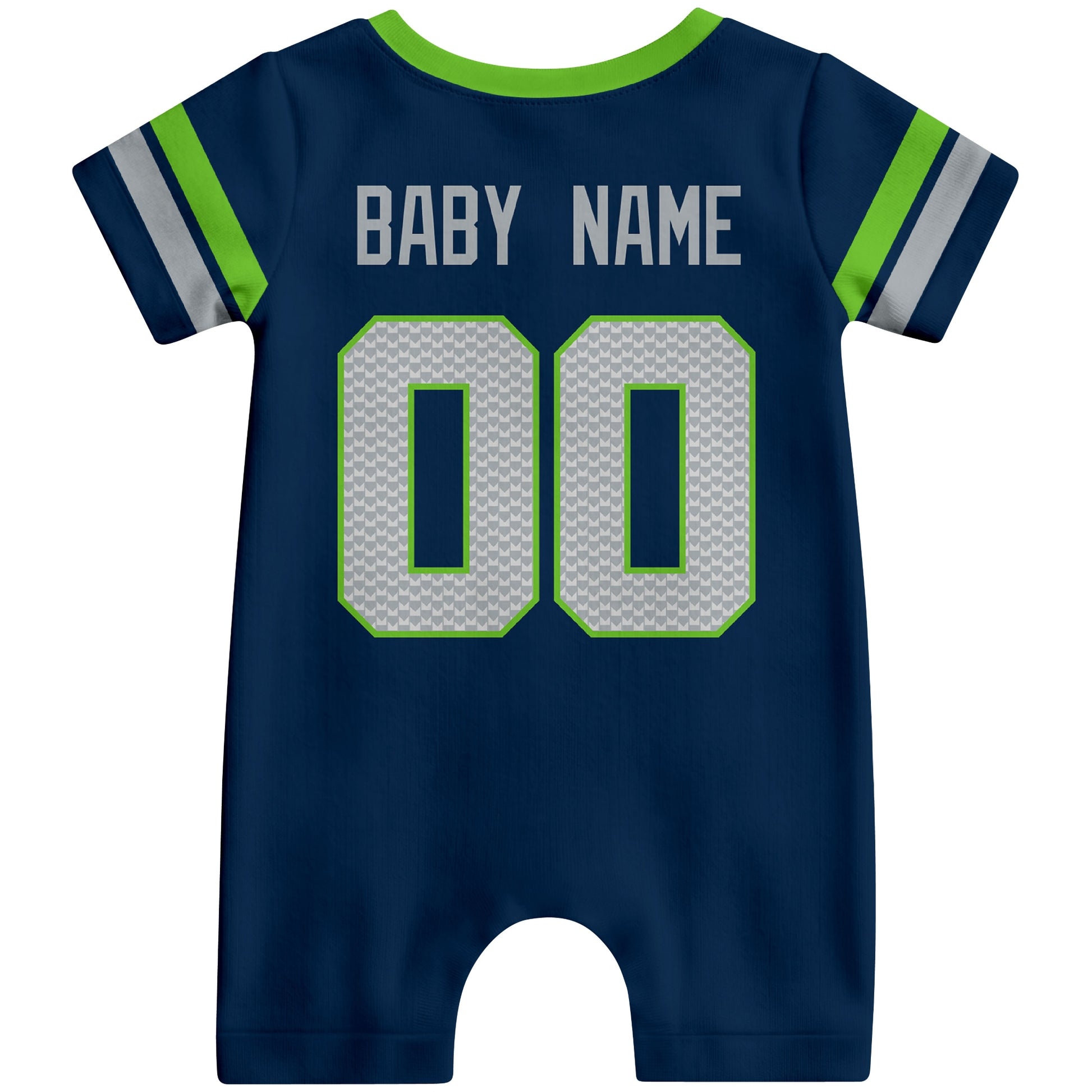 Back view of personalized Seattle football-style baby romper with custom baby name and number design in varsity block font