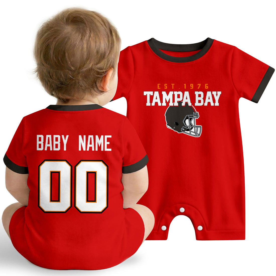 Baby wearing Tampa Bay football-inspired personalized romper in red, featuring custom name and number design with sporty varsity lettering and football helmet graphic