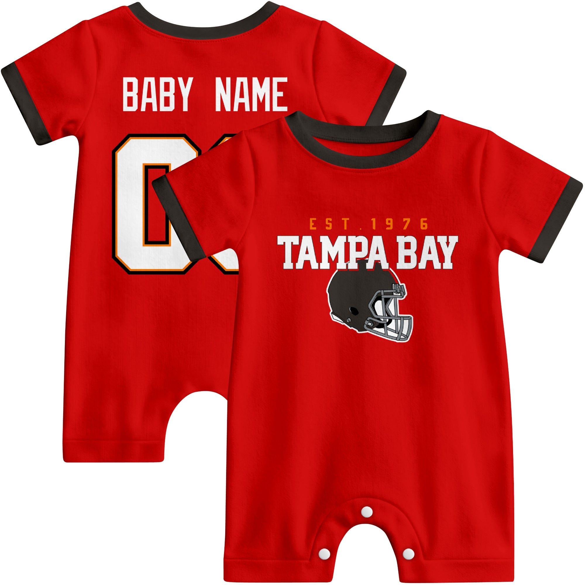 Front and back view of Tampa Bay football-style baby romper in red with varsity team-inspired front graphic and personalized name and number on the back