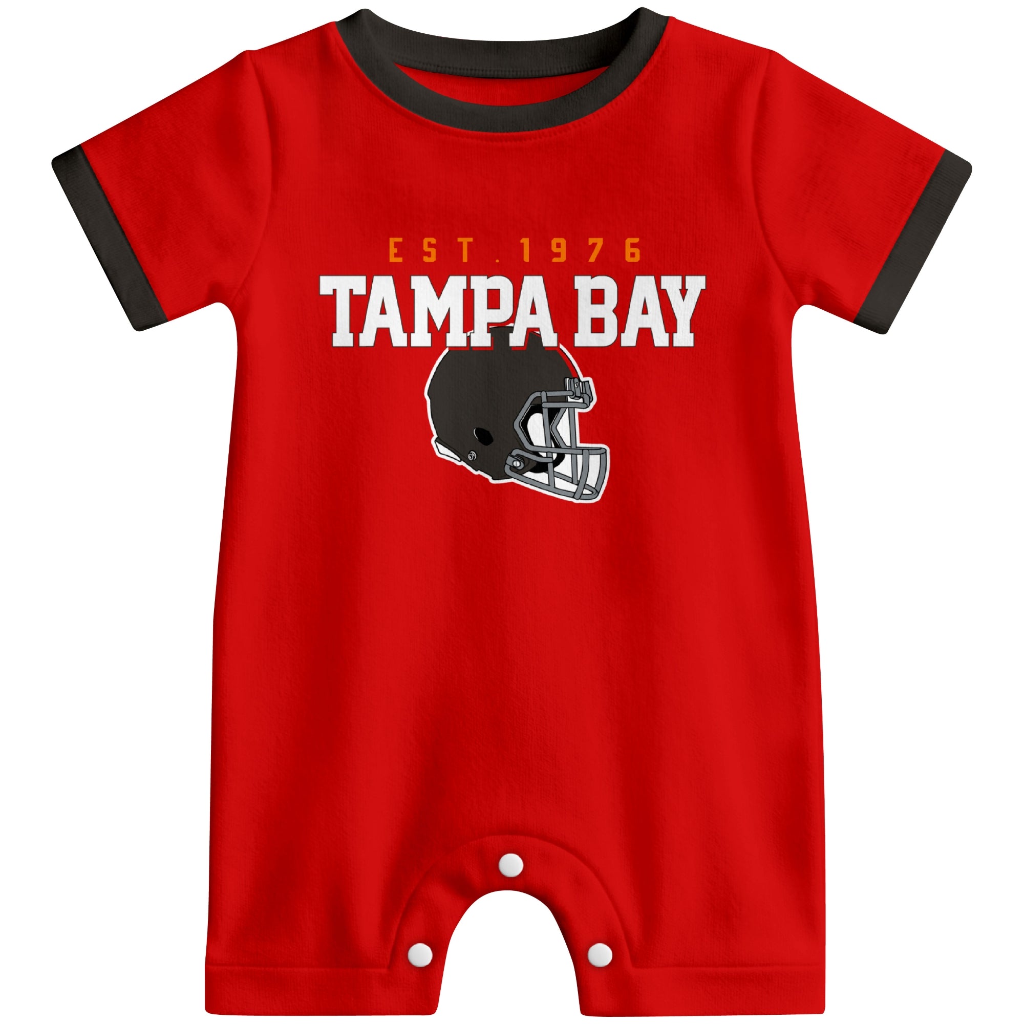 Front view of Tampa Bay football-inspired baby romper featuring varsity-style Tampa Bay text and football helmet graphic in red colorway