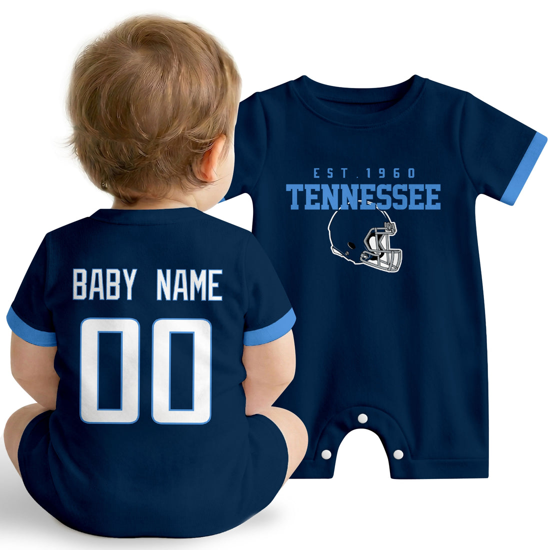 Baby wearing Tennessee football-inspired personalized romper in navy, featuring custom name and number design with sporty varsity lettering and football helmet graphic