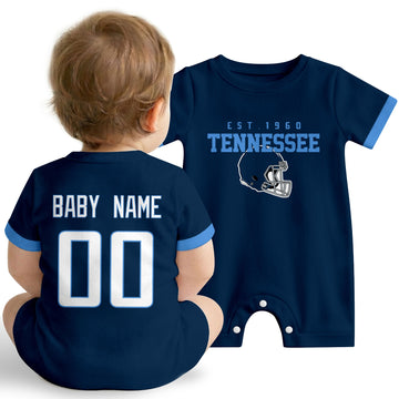 Baby wearing Tennessee football-inspired personalized romper in navy, featuring custom name and number design with sporty varsity lettering and football helmet graphic