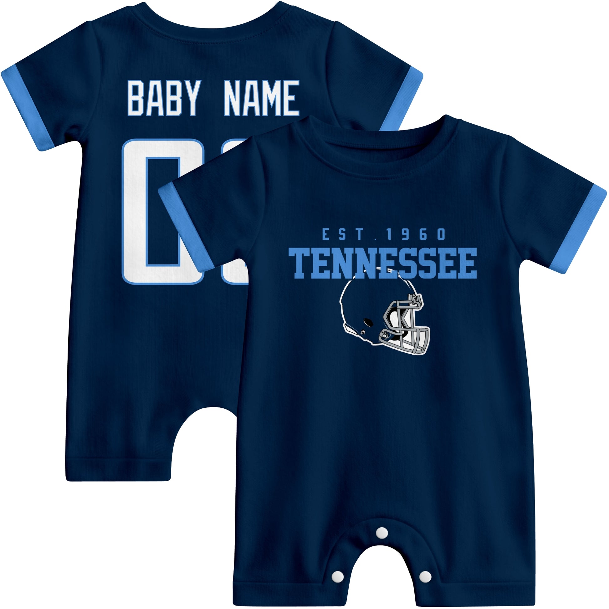 Front and back view of Tennessee football-style baby romper in navy with varsity team-inspired front graphic and personalized name and number on the back