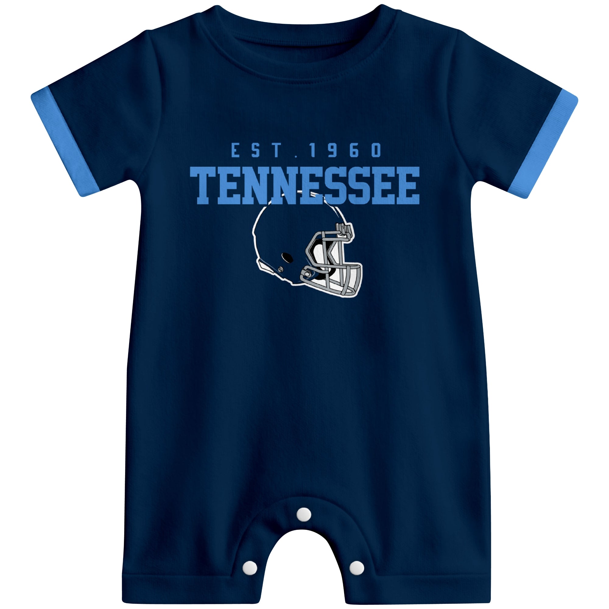 Front view of Tennessee football-inspired baby romper featuring varsity-style Tennessee text and football helmet graphic in navy colorway