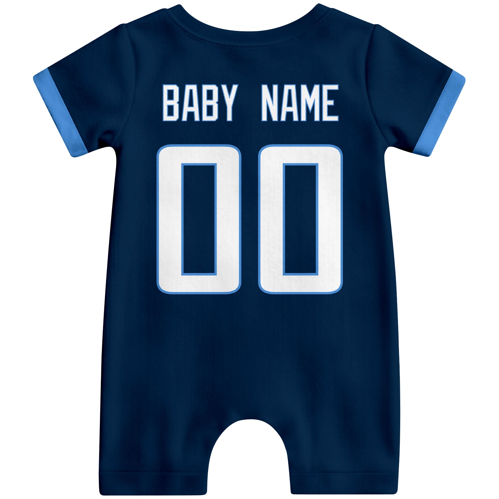 Back view of personalized Tennessee football-style baby romper with custom baby name and number design in varsity block font