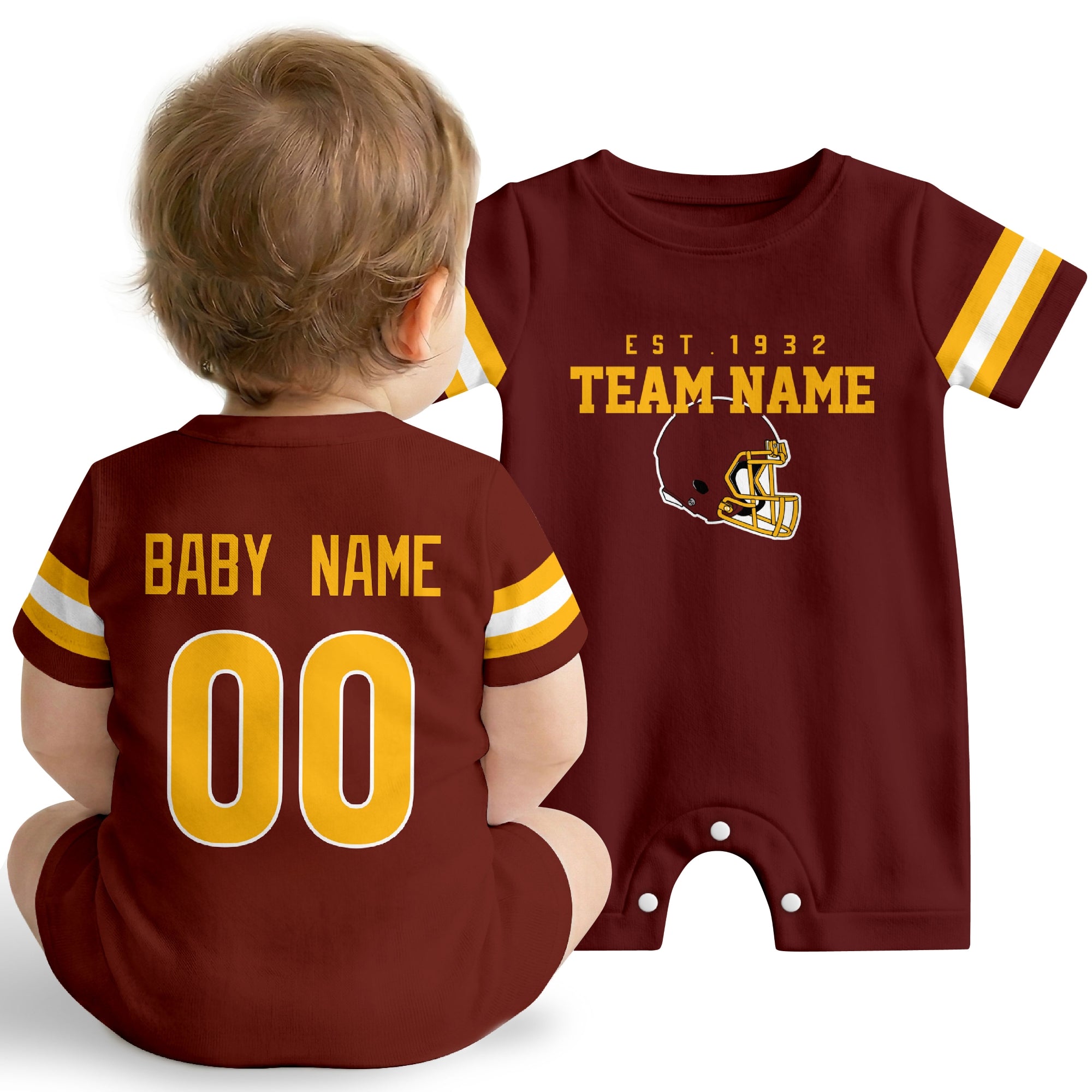 Baby wearing Washington football-inspired personalized romper in burgundy, featuring custom name and number design with sporty varsity lettering and football helmet graphic