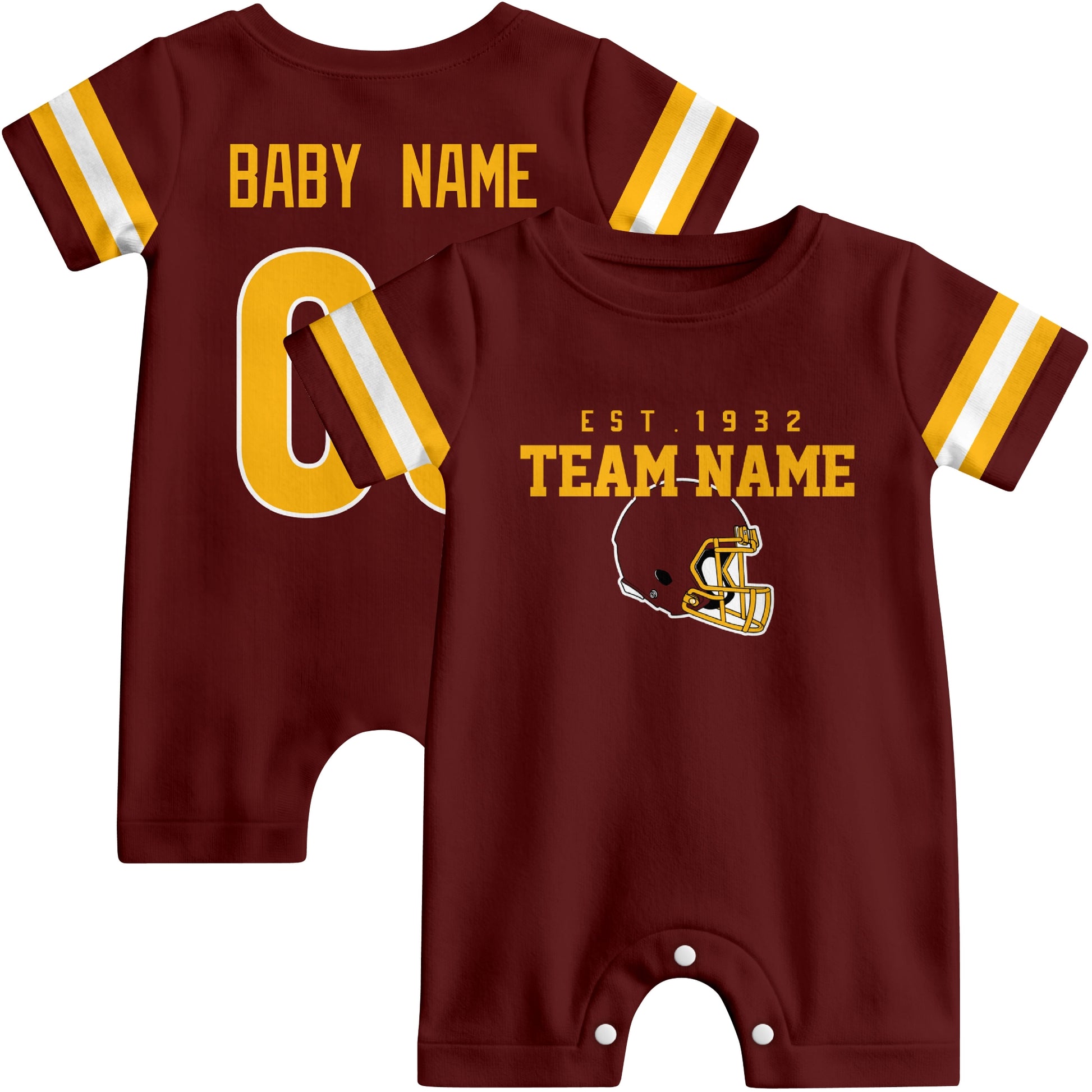 Front and back view of Washington football-style baby romper in burgundy with varsity team-inspired front graphic and personalized name and number on the back