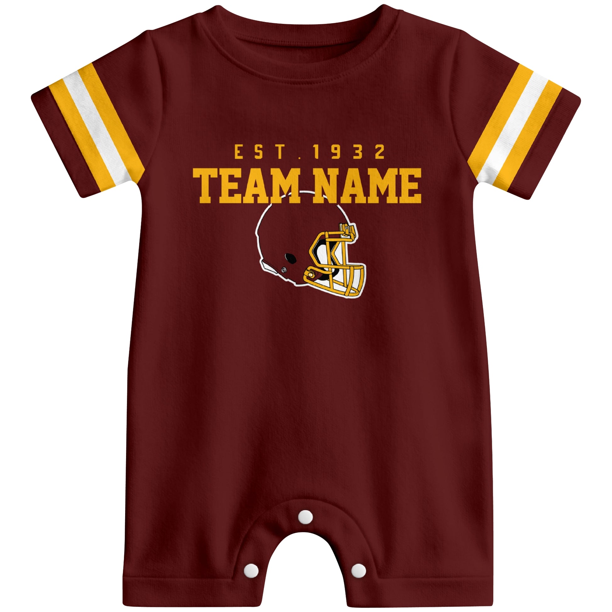 Front view of Washington football-inspired baby romper featuring varsity-style Washington text and football helmet graphic in burgundy colorway