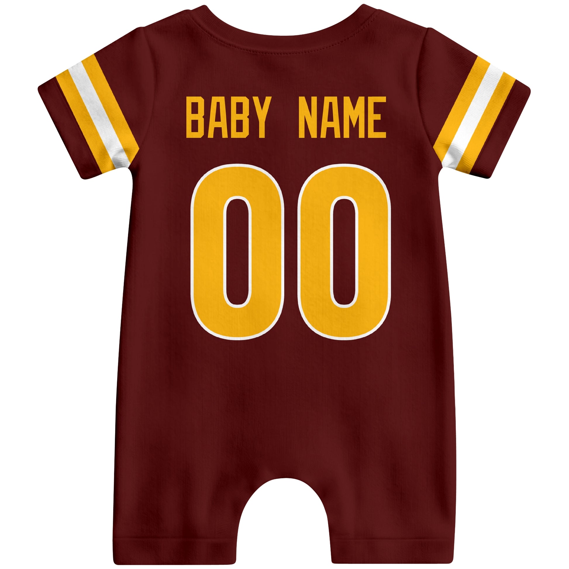 Back view of personalized Washington football-style baby romper with custom baby name and number design in varsity block font