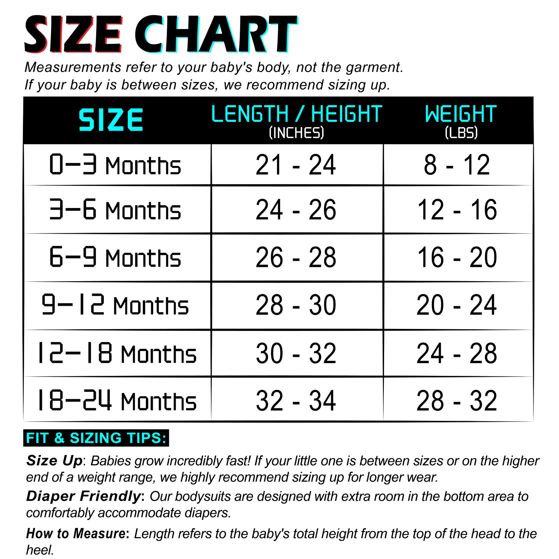 Football baby bodysuit size chart for 0 to 24 months with height and weight guidance