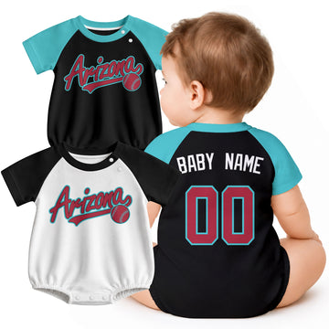 Personalized Arizona baseball baby bodysuit shown on baby with city-color style