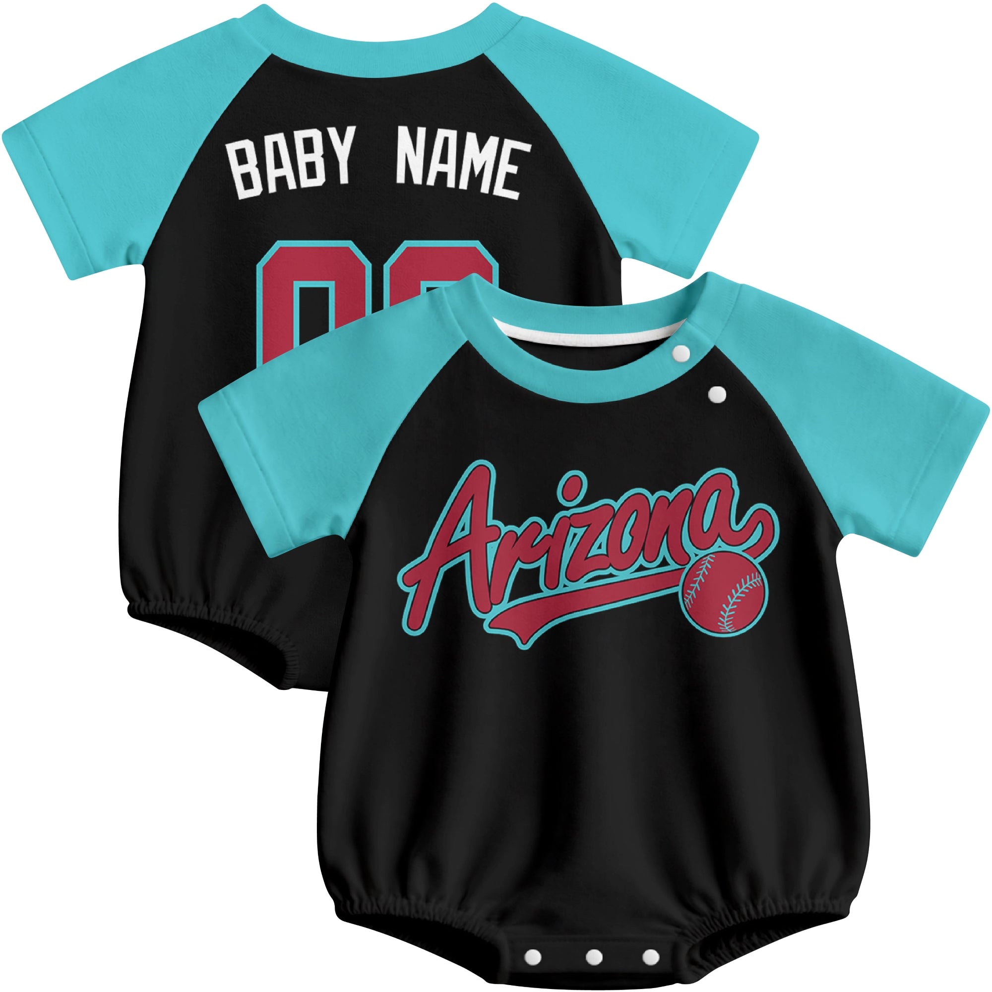 Arizona baseball baby bodysuit front and back view in Black color style