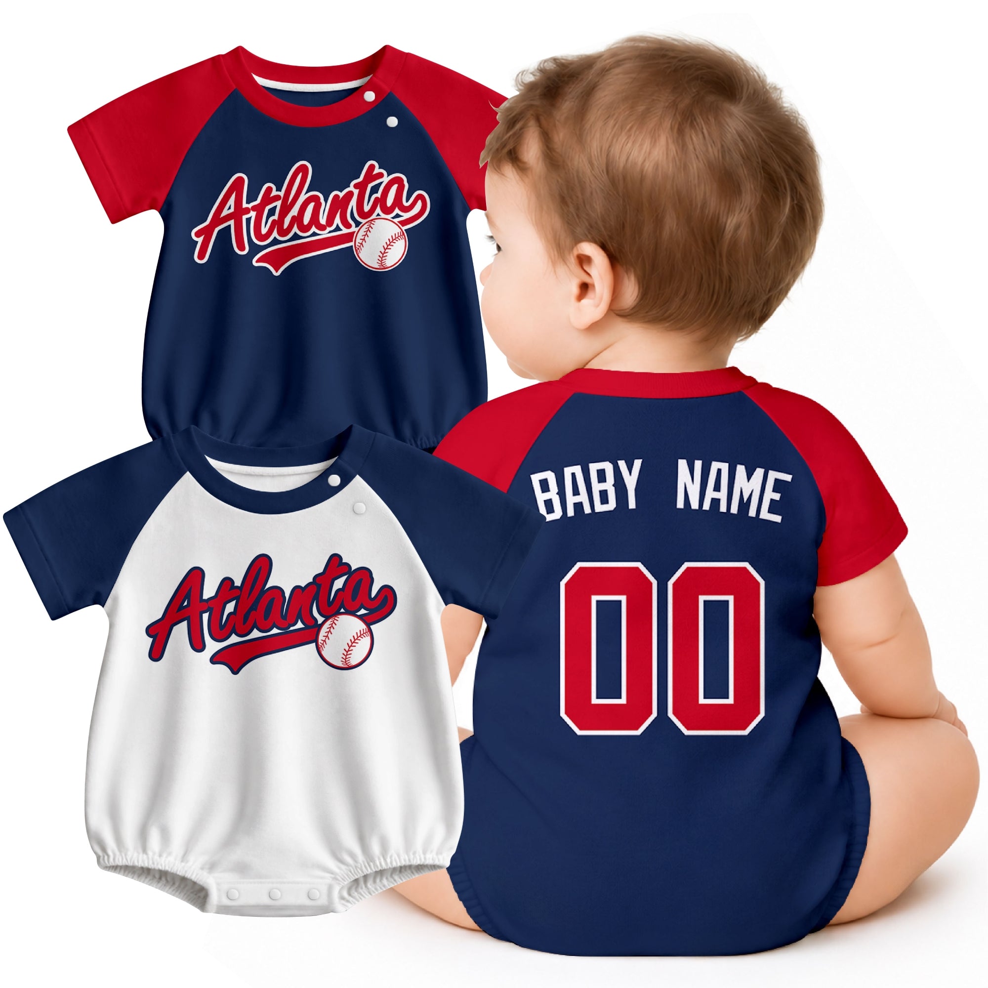 Personalized Atlanta baseball baby bodysuit shown on baby with city-color style